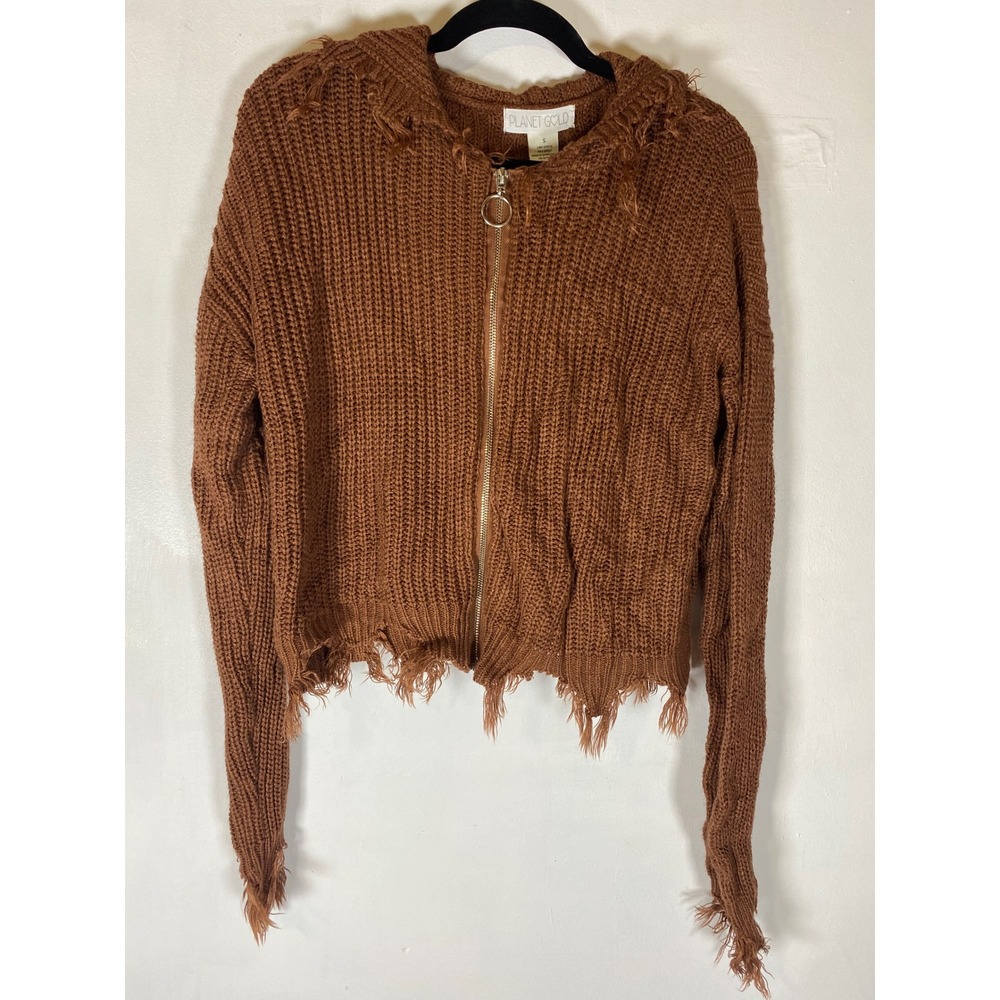 Y2K Inspired Brown Distressed Hooded Zip Up Sweater Cropped Grunge Boho S‎